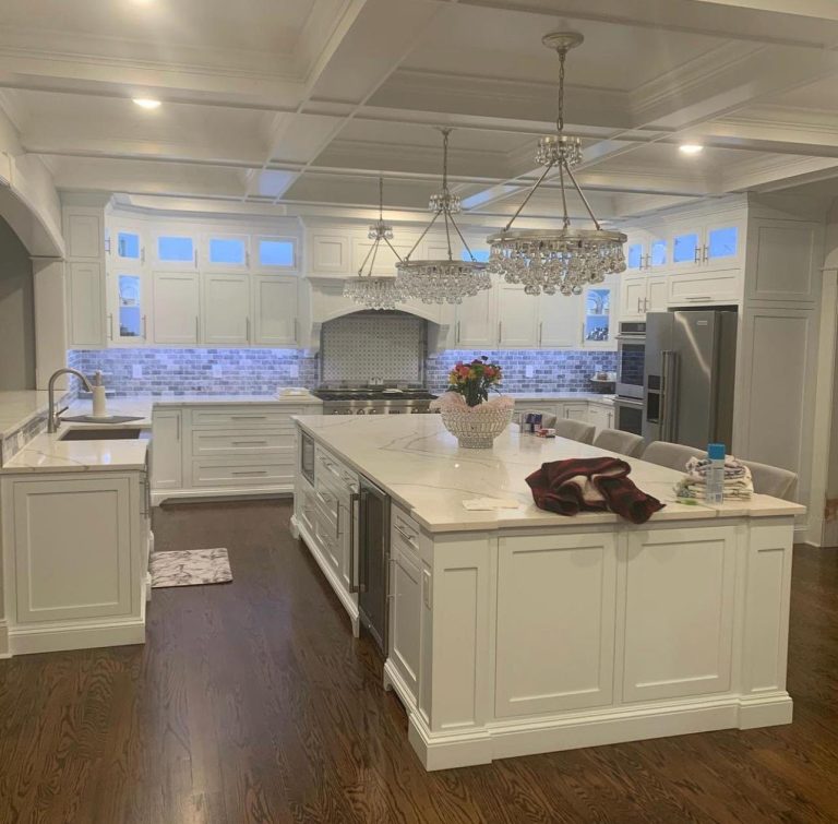 kitchen area with chandelier